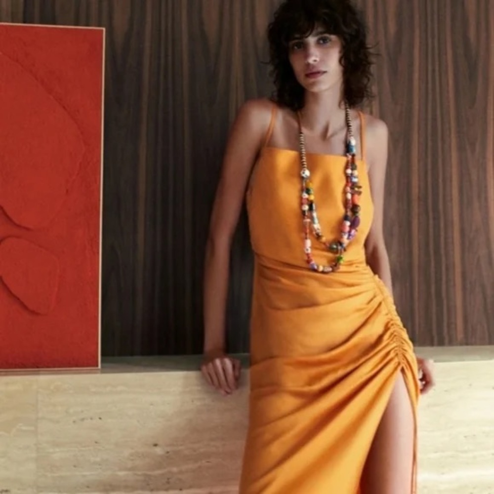 Zara Orange Asymmetrical Halter Sheath Dress